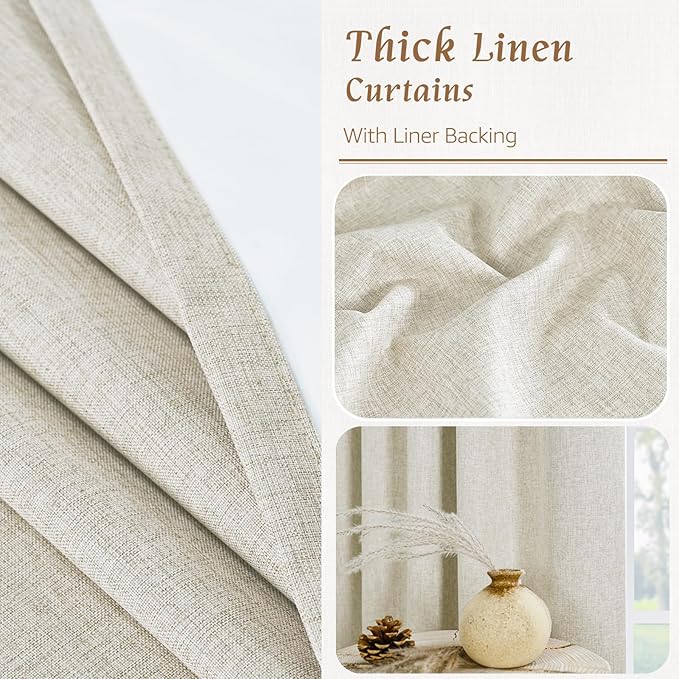 LAMIT Short Linen Curtains 40 Inches Long for Small Window, 100% Blackout Linen Textured Thermal Curtains Back Tab and Rod Pocket Panels with White Liner for Cafe, 2 Panels, 34 x 40 Inch, Stone