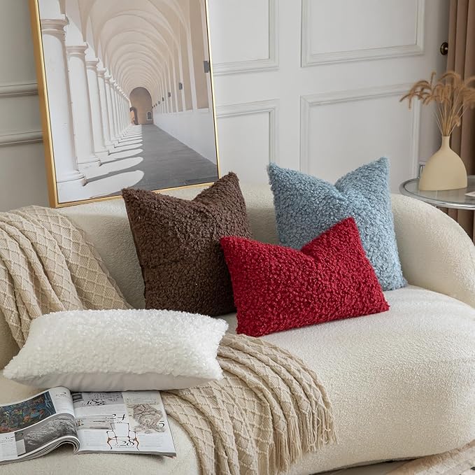 Yaertun Pack of 2 Faux Fur Throw Pillow Covers Decorative Sherpa Boucle Pillow Covers Fuzzy Soft Pillowcases Sheepskin Fleece Cushion Case for Couch Sofa Bed Living Room 24x24 Inch Burgundy