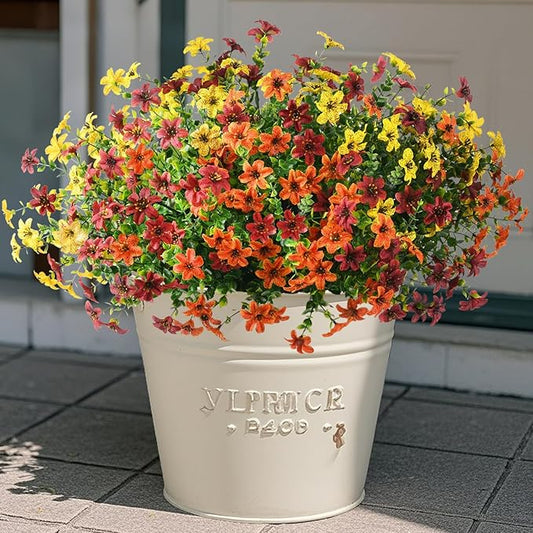 Artificial Flowers for Outdoors Fake Plants Spring Home Decoration, 12 Bundles Realistic Faux Flower Daisy with Eucalyptus Stem UV Resistant for Patio Planter Porch Yard (Yellow Brown Orange)