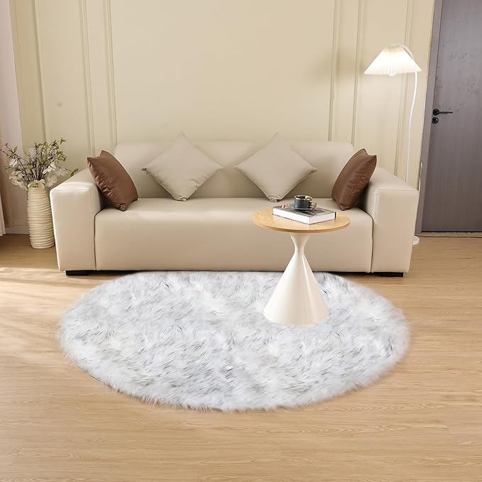 White and Grey Shaggy Round Rugs 6.6ft Large Circle Washable Faux Sheepskin Furry Fur Rugs for Bedroom Living Room Nursery Rug Home Décor