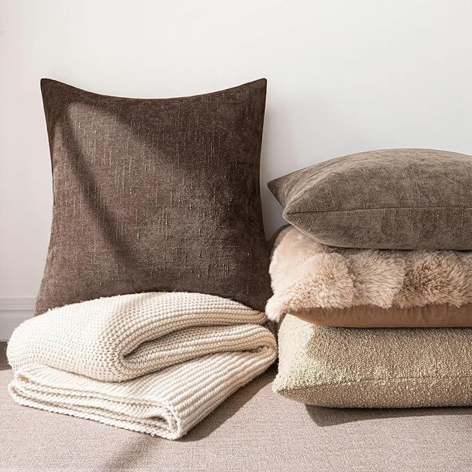 MIULEE Pack of 2 Decorative Throw Pillow Covers Soft Chenille Euro Throw Pillows Solid Textured Cushion Covers for Couch Sofa Bedroom Living Room 24x24 Inch, Chocolate