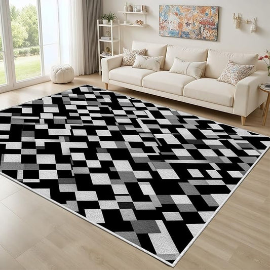 Black White and Grey Rug - Geometric Area Rug, Area Rugs 3x5, Modern Abstract Rugs, Irregular Block Splicing Carpet Washable Non Slip Home Decor Carpet for Living Room