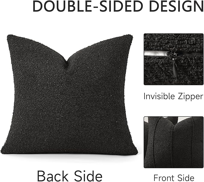 YCOLL Textured Boucle Throw Pillow Covers 18x18 Pack of 2 - Soft Neutral Striped Cushion Covers, Cozy Accent Decorative Pillow Covers for Couch, Sofa, Bed, Living Room (Black)