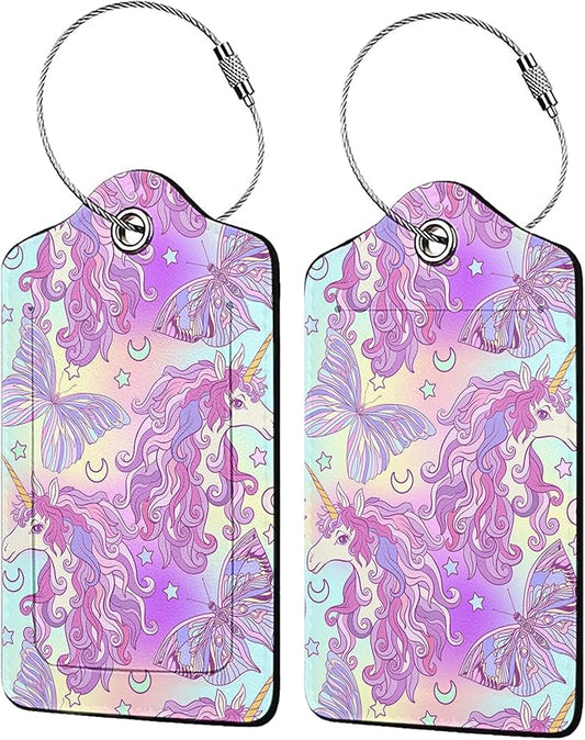 Multicolored Unicorn Luggage Tags for Suitcases,2 Pack Luggage Tag, Leather Stainless Steel Loop Label Tag for Women Girl Travel Bag Suitcase