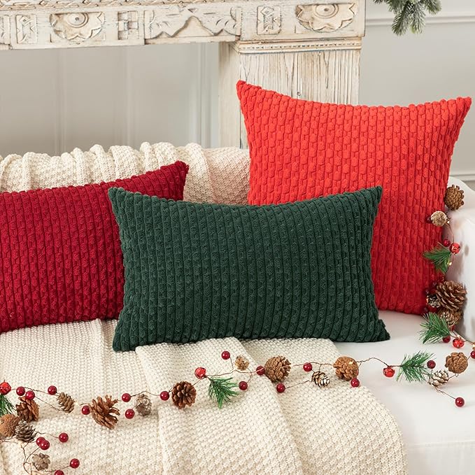 Kevin Textile Decorative Pillow Covers Set of 2 Striped Plush Corduroy Pillows Pillowcases Boho Home Decor Cushion Covers for Couch Sofa Bed Living Room 16x16 Inch, Army Green