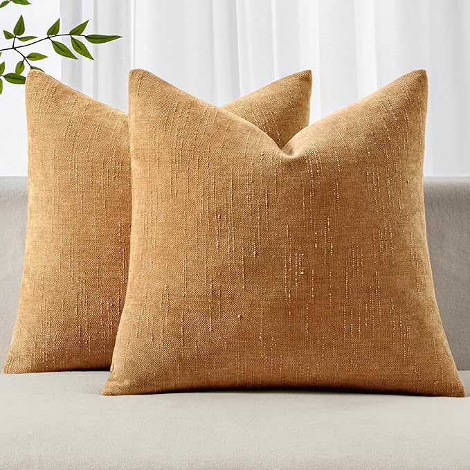 MIULEE Pack of 2 Decorative Throw Pillow Covers Soft Chenille Throw Pillows Solid Textured Cushion Covers Home Decor for Couch Sofa Bedroom Living Room 20x20 Inch,Golden Brown