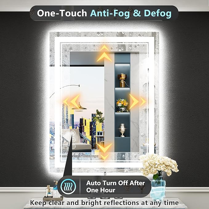 20x28 LED Bathroom Mirror with Lights, Backlit and Front Lit, Anti-Fog Lighted Vanity Mirrors for Bathroom Wall, Dimmable, 3-Color Light, Memory, Shatter-Proof, HD Tempered Glass, CRI＞90