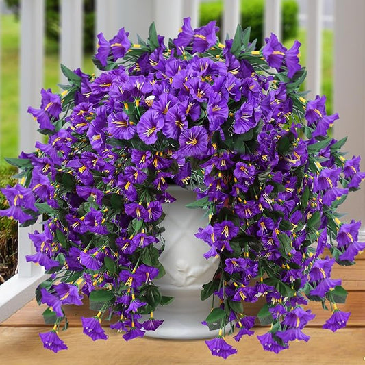 Sggvecsy Artificial Fake Hanging Flowers Plants for Outdoor Outside Spring Summer Decoration 4PCS Faux Silk UV Resistant Realistic Morning Glory Trailing Vines for Home Porch Patio Balcony(Purple)