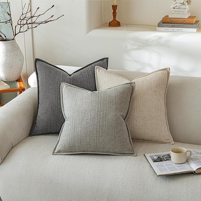 a moment Linen Pillow Covers Set of 2,Boho Farmhouse Throw Pillowcases Neutral Textured Decorative Covers for Couch Sofa,Soft Linen Blend Accent Case Cushion Living Room Home Decor 24"x24"Rustic Gray