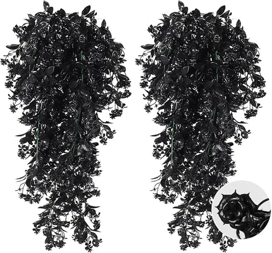 RECUTMS Hanging Artificial Plants Faux UV Resistant Flowers Bulk Outdoor Plastic Greenery for Party Home Wall Bedroom Window Hanging Planter Outside Decor Pack of 2 (Black)