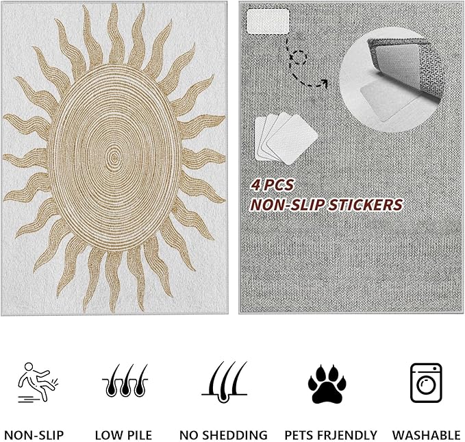 Boho Washable Rugs for Bedroom 2x3, Modern Sun Print Soft Minimalism Area Rug, Non Slip Low Pile Abstract Carpet for Classroom Living Room Decor Dining Room Sofa Kids Nursery Room, Beige Yellow