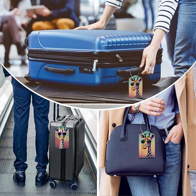 2 Pack Luggage Tag for Suitcase,Cute Giraffe Luggage Tag with PU Leather Privacy Cover ID Label & Stainless Steel Loop for Women Men Travel Bag Suitcase