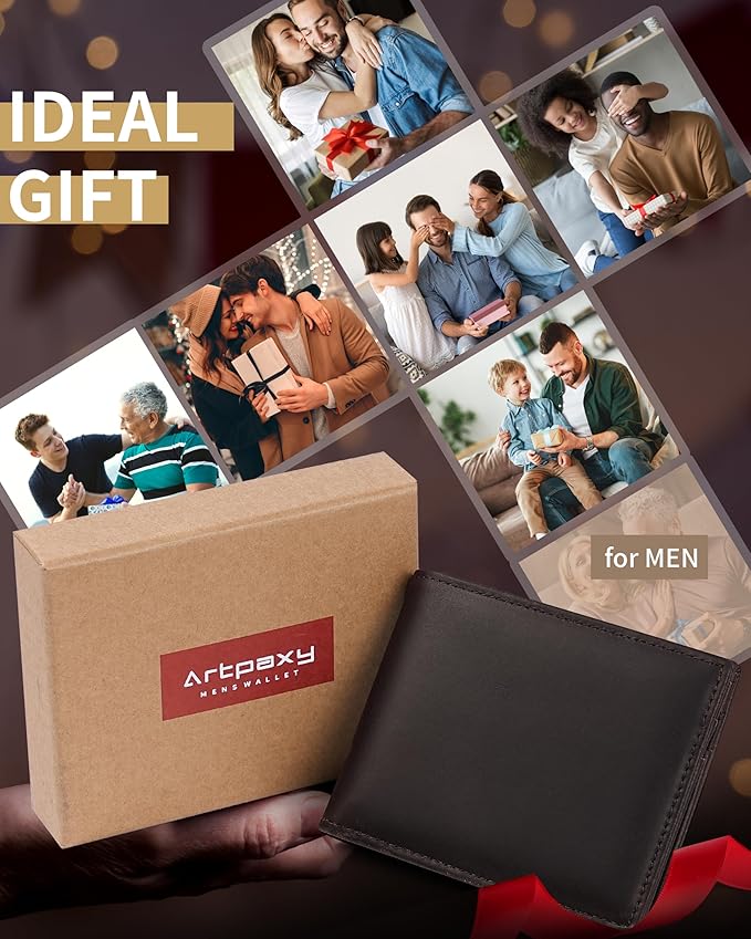 Artpaxy Mens Wallet Bifold Genuine Leather RFID Blocking Wallet for Men with 2 ID Windows 11 Card Holders 2 cash pockets 1 Gift Box