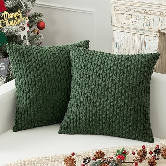 Kevin Textile Christmas Corduroy Decorative Throw Pillow Covers 24x24 Inch Pack of 2 Soft Boho Striped Pillow Covers Modern Farmhouse Home Decor for Spring Sofa Living Room Couch Bed Dark Green
