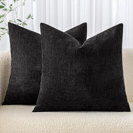 MIULEE Pack of 2 Decorative Throw Pillow Covers Soft Chenille Throw Pillows Solid Textured Euro Cushion Covers for Couch Sofa Bedroom Living Room 24x24 Inch, Black