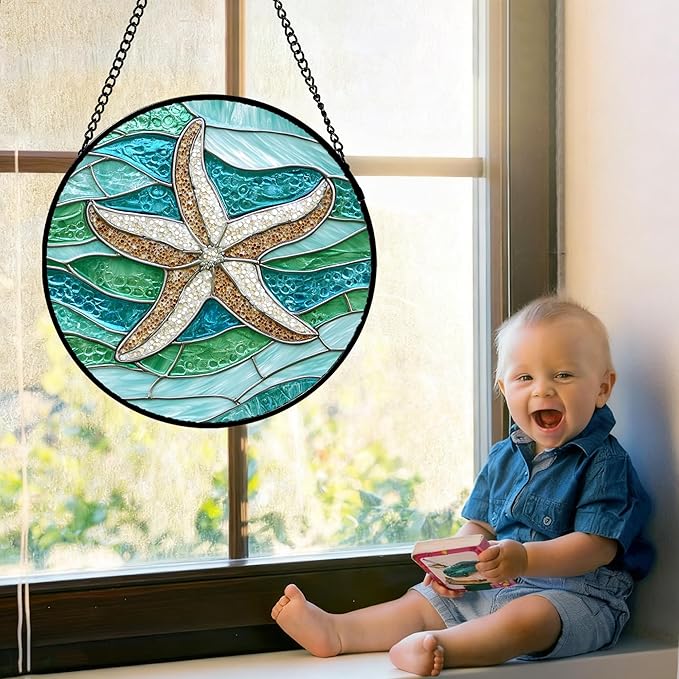 Stained Glass Window Hanging Teal Sea Waves Starfish Large 15" - Suncatcher Door Garden Sun Catcher Home Decor Birthday Mother's Day for Mom Men Woman Parents Her Child Nana