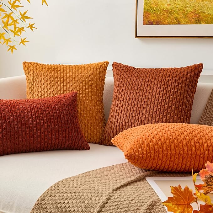 Kevin Textile Fall Pack of 2 Corduroy Decorative Throw Pillow Covers 22x22 Inch Soft Boho Striped Pillow Covers Modern Farmhouse Home Decor for Spring Sofa Living Room Couch Bed Orange