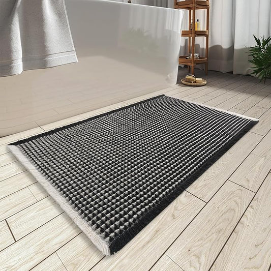 AMOAMI Upgraded Waffle Bath Mat, Super Absorbent Non Slip Bath Mats for Bathroom Floor, Machine Washable Bathroom Rugs with Tassels, Rubber Backed Bathroom Mats, Ultra Soft, 17" x 24",Black & Cream