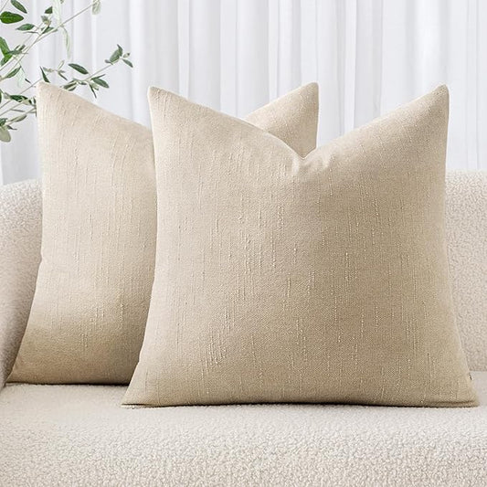 MIULEE Pack of 2 Decorative Throw Pillow Covers Soft Chenille Throw Pillows Solid Textured Cushion Covers Christmas Home Decor for Couch Sofa Bedroom Living Room 18x18 Inch, Light Beige