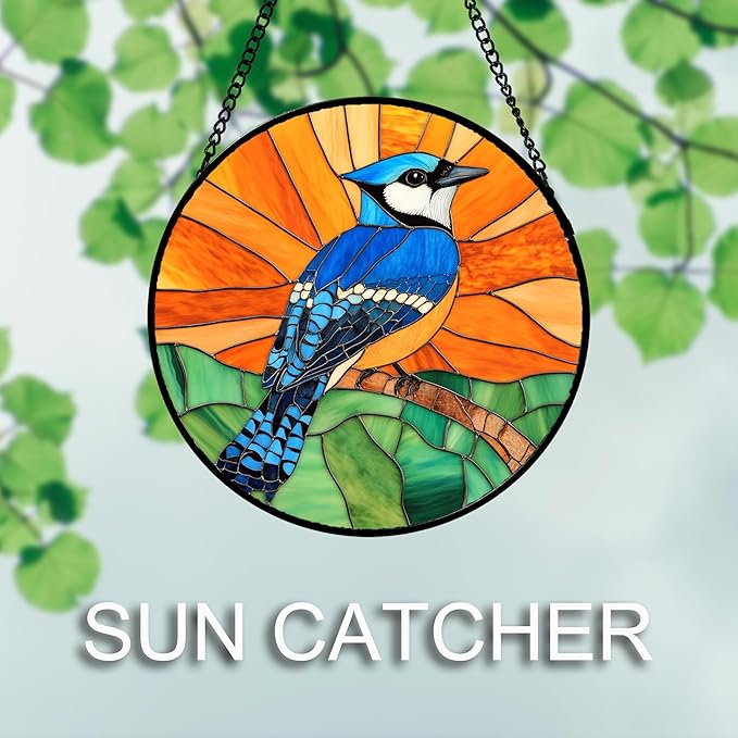 DASTOLL Stained Glass Window Hanging 4 Pcs Set Birds 7.8" - Cardinal Blue Jay Suncatcher Door Garden Sun Catcher Decor Birthday Christmas for Bird Lovers Mom Woman Nana Men