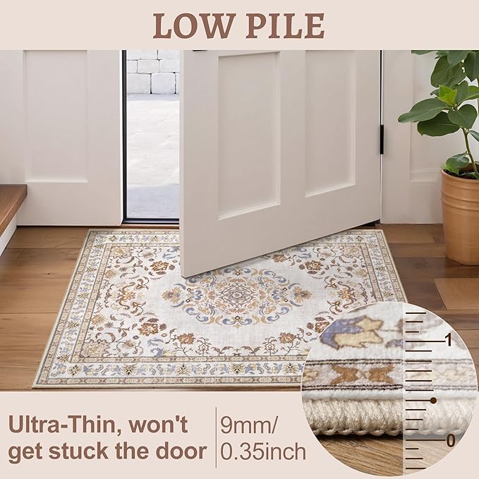 Tangsoo 5x7 Washable Area Rug, Non Slip Boho Neutral Rug for Bedroom Living Room, Vintage Beige Tan Soft Low Pile Floor Indoor Carpet for Bathroom Office Kid & Pets Friendly Home Decor