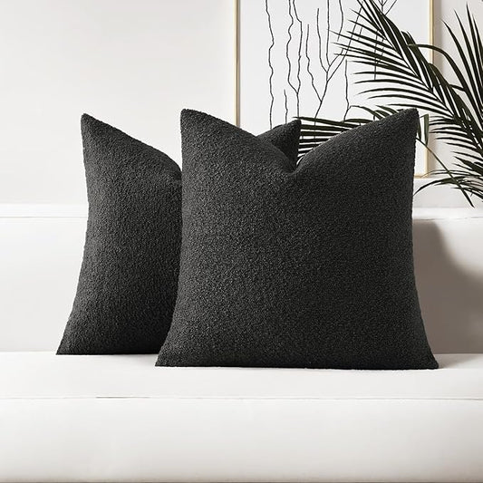 HAUSSY Set of 2 16x16 Decorative Throw Pillow Covers, Soft Cozy Textured Boucle Couch Cases, Home Decor for Couch Bed Living Room, Black
