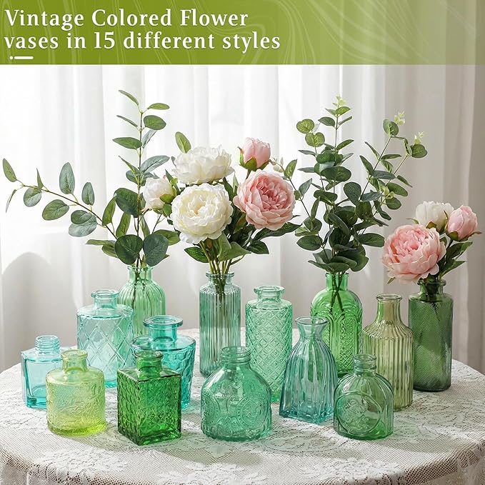 Set of 30 Green Colored Glass Bud Vases - Small Textured Flower Vases for Centerpieces, Wedding Table Decor, Retro Home Decor Bulk Vase Set for DIY, Events & Gifts