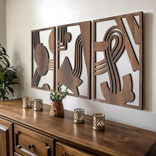 qmmp Modern Wooden Wall Sculptures - Set of 3 - Home Decor Accent - Large Wall Art for Living Room, Bedroom, Office - Easy Installation (Walnut, Large - Abstract Shapes)