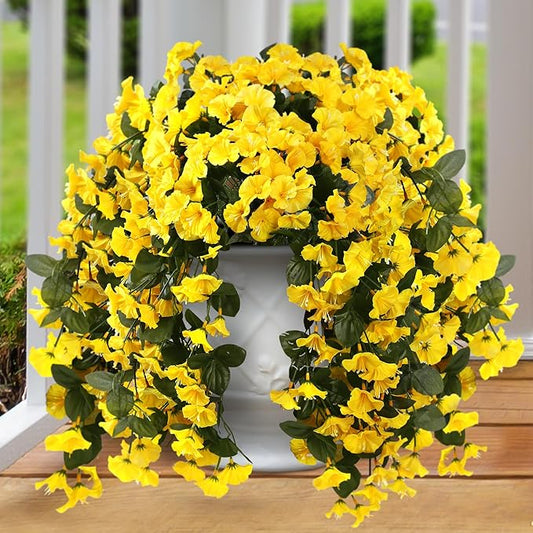 Sggvecsy Artificial Fake Hanging Flowers Plants for Outdoor Outside Spring Summer Decoration 4PCS Faux Silk UV Resistant Realistic Morning Glory Trailing Vines for Home Porch Patio Balcony(Yellow)