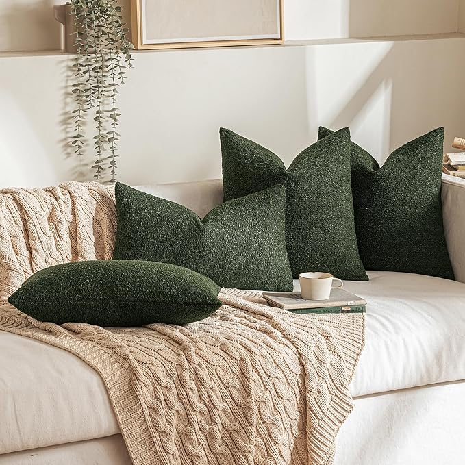 MIULEE 18x18 Inch Christmas Decorative Pillow Covers for Couch Bed Set of 2 Textured Boucle Neutral Winter Throw Pillows Dark Green Accent Solid Cushion Pillowcases Sofa Livingroom Home Decor