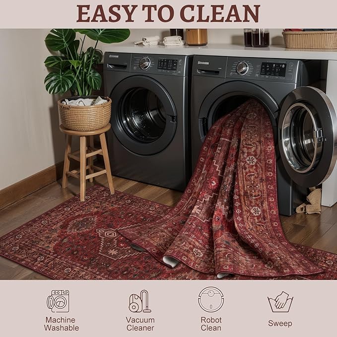 Tangsoo 2x6 Washable Runner Rug for Hallways, Non Slip Vintage Runner Rug, Soft Low Pile Long Rug Runner, Print Distressed Carpet Runners for Kitchen Bedroom Entryway Bathroom Living Room Dark Red