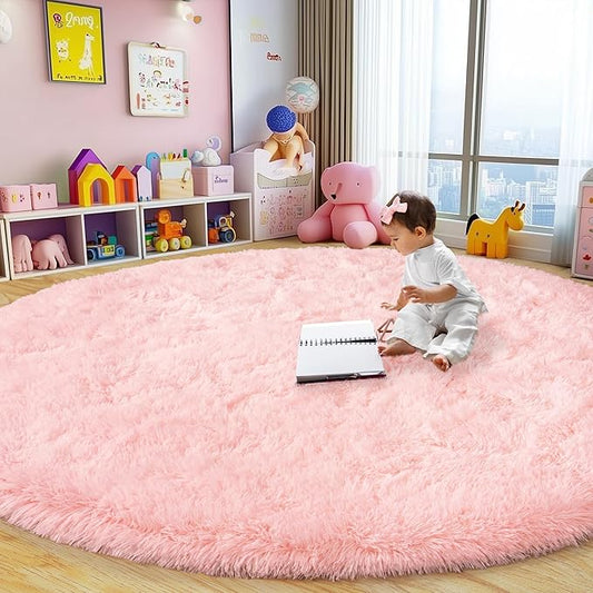 Round Fluffy Rugs 7Ft for Girls Bedroom, Pink Shag Circle Kids Rug Non-Slip for Bedside Dorm Nursery Playroom, Soft Cute Area Rugs for Living Room Decor