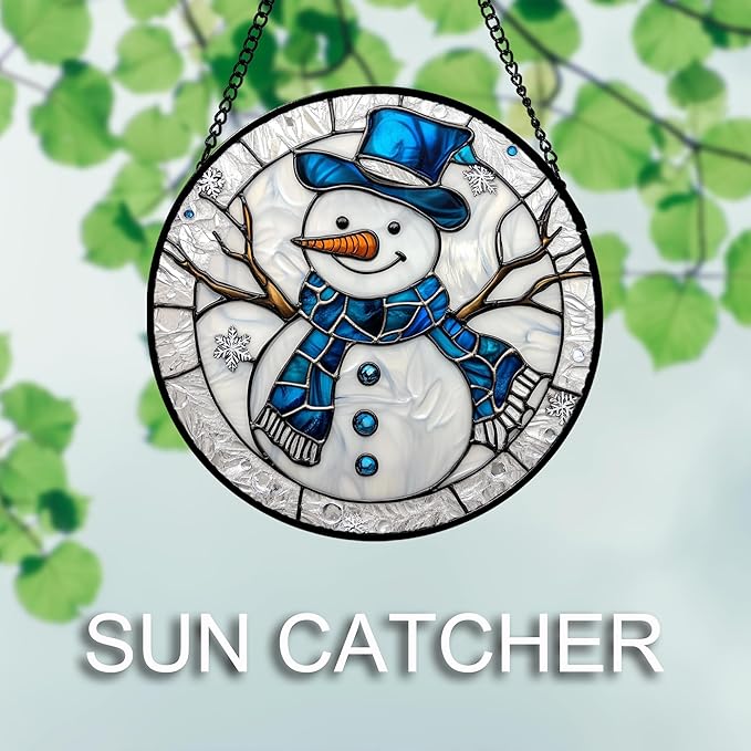 Stained Glass Window Hanging Christmas Snowman Blue White 6.3" - Suncatcher Door Garden Sun Catcher Home Decor Birthday Mother's Day Xmas Gift for Mom Men Woman Her Nana Parents Girl