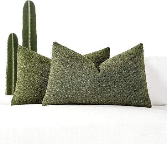 Boucle Decorative Lumbar Pillow Covers for Couch Set of 2, 12x20 inches, Olive