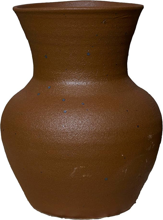 6.3IN Rustic Wide Mouth Ceramic Flower Vase Home Decor,Handmade Vintage Stoneware Clay Pottery Terracotta Textured for Modern Farmhouse, Living Room, Office Desk Table Shelf(Dark Brown)