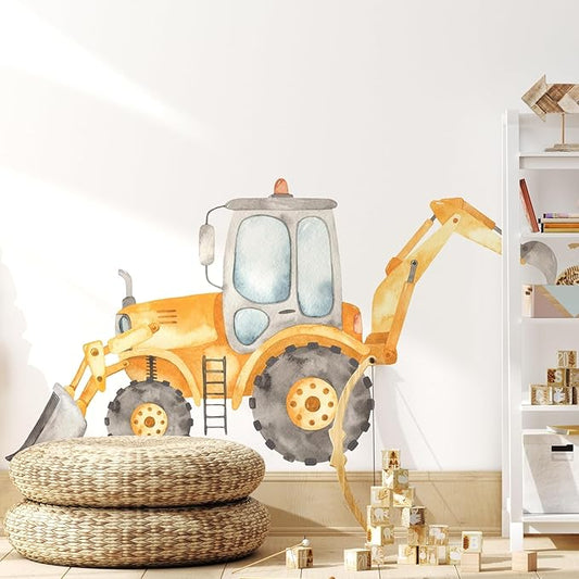 Construction Tractor Backhoe Loader Wall Decal for Boys Room, Construction Eqipment Peel Stick Removable Fabric Wall Sticker, Nursery or Playroom Decor, Repositionable (24 inch: 13" Tall x 24" Wide)