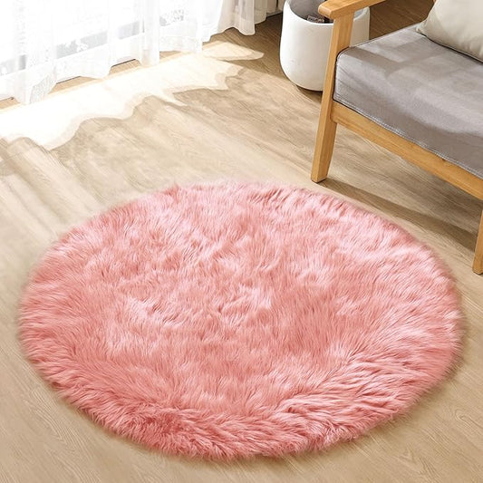 Round Rug 3ft Pink Small Fluffy Rug for Living Room Washable Shaggy Area Rugs for Bedroom Cute Room Circle Nursery Rug