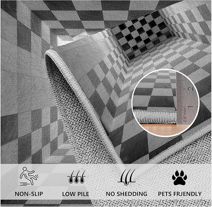 3D Rug 8x10, Plaid Soft Ultra Soft Faux Wool Low Pile Optical Illusion Rug, Indoor Floor Mats Abstract Geometric Carpet, Non-Slip Stain Resistant Washable Rugs, Modern Gray Rugs for Living Room