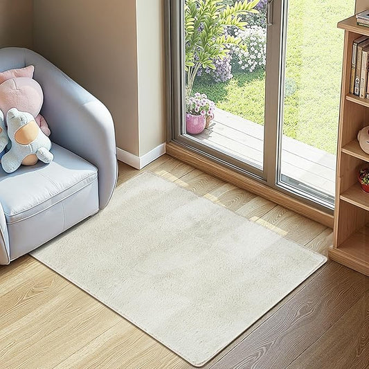 jinchan Solid Plush Area Rug 2x3 Performance Shaggy Washable Rug Indoor Entryway Doormat Soft Modern Faux Wool Cozy Non Slip Carpet for Living Room Kid Room Bedroom Nursery Ivory