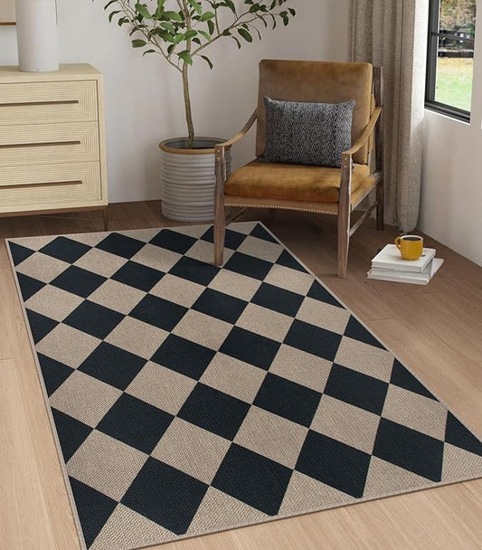 Easy Jute Checkered Area Rug, 3x5 Indoor Outdoor Door Mat Washable Black Modern Diamond Kitchen Rugs, Non-Slip Neutral Farmhouse Throw Carpet for Living Room Patio Kids Room