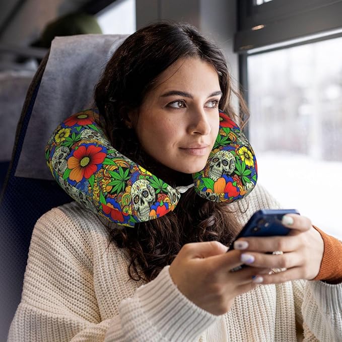 Neck Travel Pillow, Women Men Washable Airplane Car Pillows Pot Leaf Skull Weedleaf, Head Support Rest U Shaped Cushion Comfortable for Watching TV