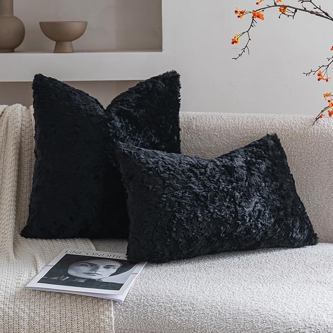 Neelvin Set of 2 Faux Fur Throw Pillow Covers 16x16 Inch Black Cozy Soft Solid Decorative Pillowcases Thick Plush Sheepskin Cushion Case for Chair and Couch Sofa Bedroom