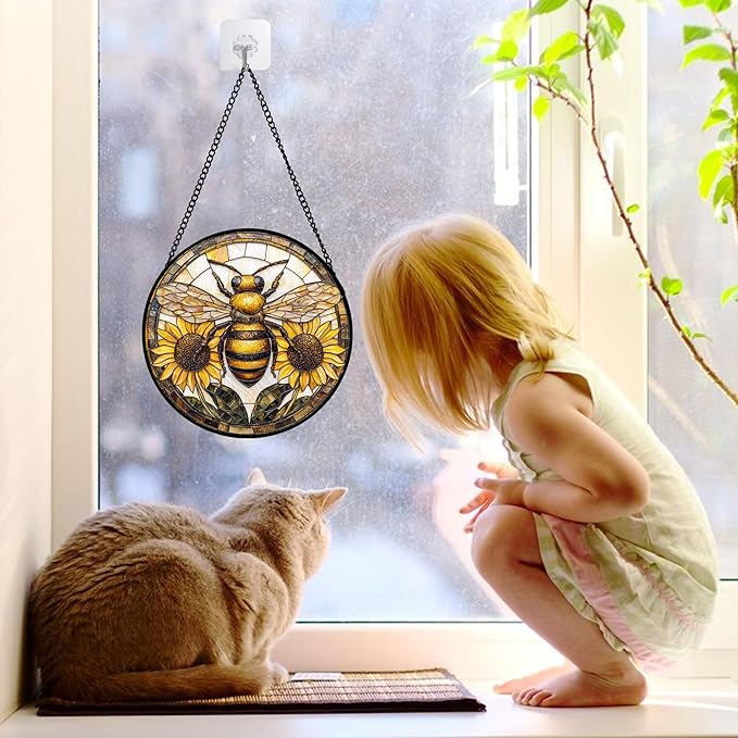 DASTOLL Stained Glass Window Hanging - Bee Sunflower Yellow Suncatcher Ready to Hang Window Doors Home Decoration and Christmas, Mother's Day Birthday Gifts for Women, Men, and Mom 11.8x11.8 in
