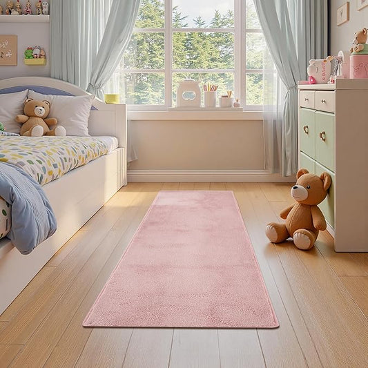 jinchan Solid Plush Runner Rug 2x5 Performance Shaggy Washable Hallway Rug Soft Modern Faux Wool Cozy Non Slip Carpet for Bedroom Laundry Room Living Room Kids Nursery Pink