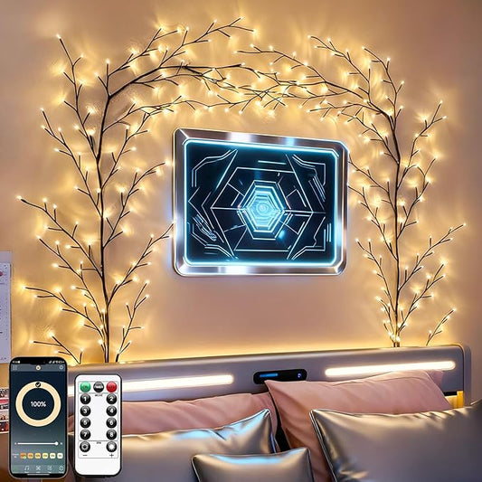 GOESWELL Smart Vine Light for Room Decor: 7.5ft 144 LEDs Music Timer Dimmable Fairy Tree Lights with Remote & App Control-Led Tree Branch Lights for Wall Mantel Corner Centerpieces Chritmas Halloween
