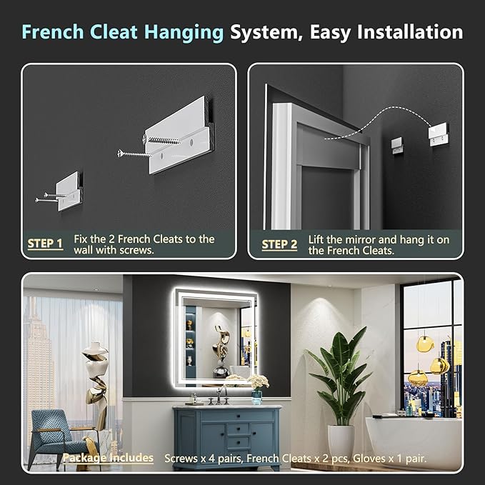 32x32 LED Bathroom Mirror with Lights, Backlit and Front Lit, Anti-Fog Lighted Vanity Mirrors for Bathroom Wall, Dimmable, 3-Color Light, Memory, Shatter-Proof, HD Tempered Glass, CRI＞90