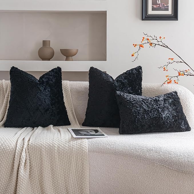 Neelvin Set of 2 Faux Fur Throw Pillow Covers 16x16 Inch Black Cozy Soft Solid Decorative Pillowcases Thick Plush Sheepskin Cushion Case for Chair and Couch Sofa Bedroom