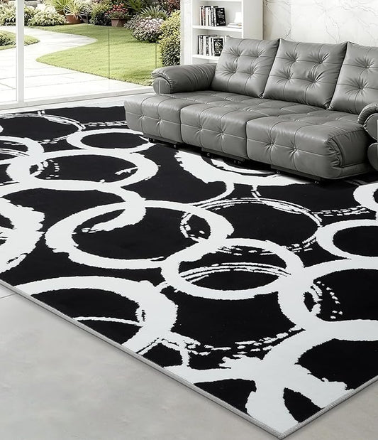YIHOUSE Black Modern Geometric Area Rug 8x10, Black and White Rug with Abstract Circles,Non-Shedding Washable Rugs for Bedroom, Home Office and Living Room