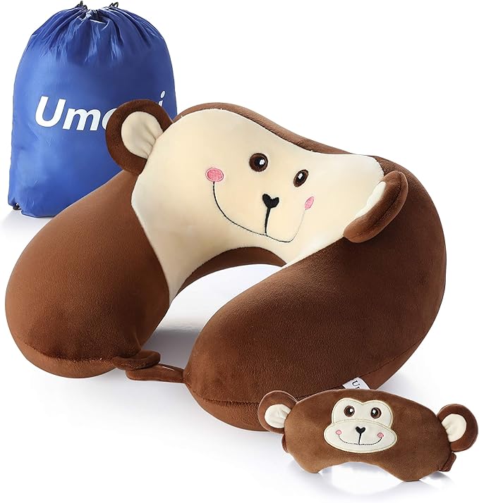 Travel Pillow, Memory Foam Neck Pillow with 360-Degree Head Support Comfortable Airplane Pillow with Storage Bag Lightweight Traveling Pillow for Sleeping, Car, Train, Bus and Home Use (Monkey)