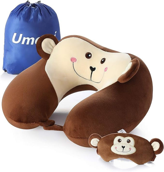 Travel Pillow, Memory Foam Neck Pillow with 360-Degree Head Support Comfortable Airplane Pillow with Storage Bag Lightweight Traveling Pillow for Sleeping, Car, Train, Bus and Home Use (Monkey)